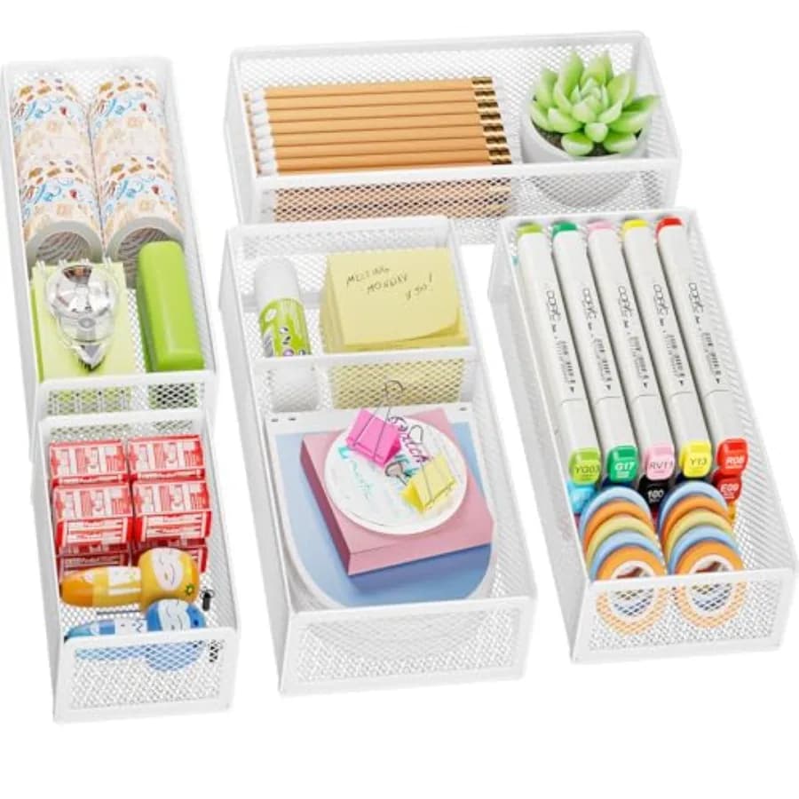 5 Pack Desk Drawer Organizer Set, Mesh Drawer Storage Trays with 1 Adjustable Divider, Desk Organizers and Accessories, 5 PCS D