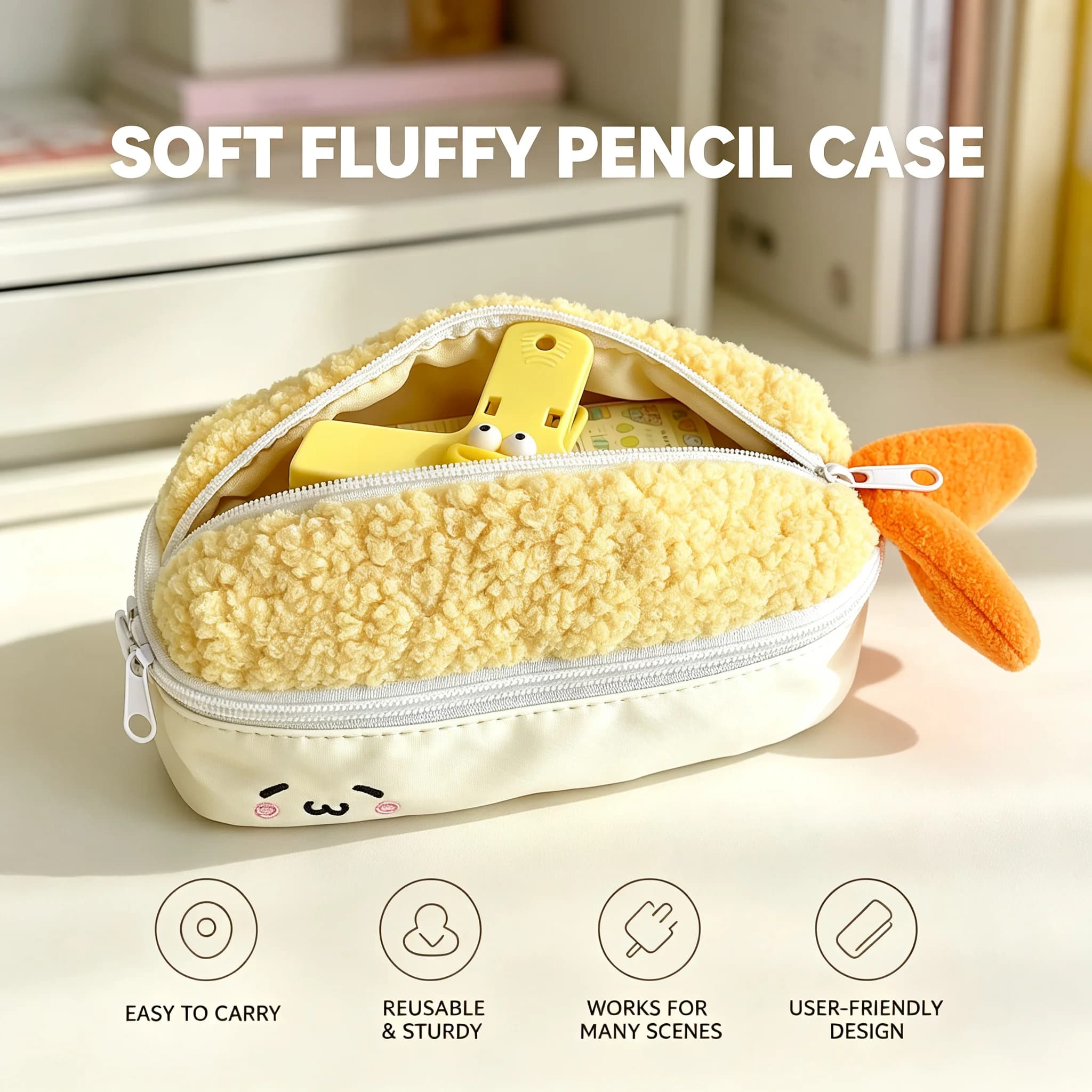 Kawaii Fried Shrimp Plush Pencil Case Cute Fluffy Double Zipper Pen Bag Large Capacity Stationery Pouch Lovely Embroidery