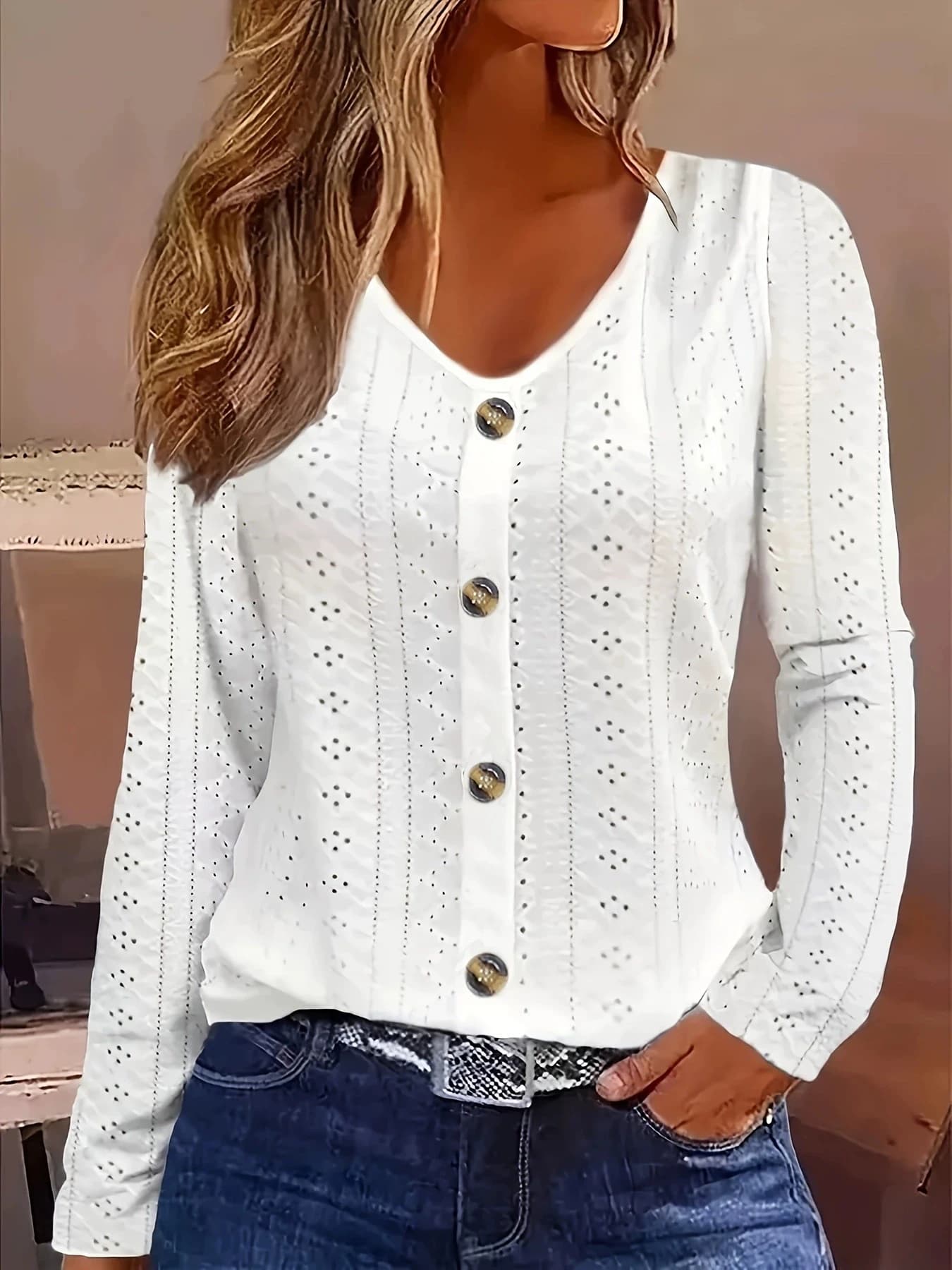Top Casual da Donna con Scollo a V, Patchwork e Fibbia, Maniche Lunghe, Tinta Unita, Metodo di Tessitura Jacquard, Nuova Collezione Primavera-Autunno 2026