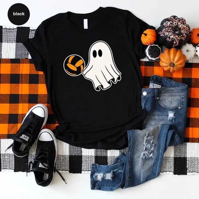 Halloween T-shirt with volleyball ghost, fun and cute, party clothing