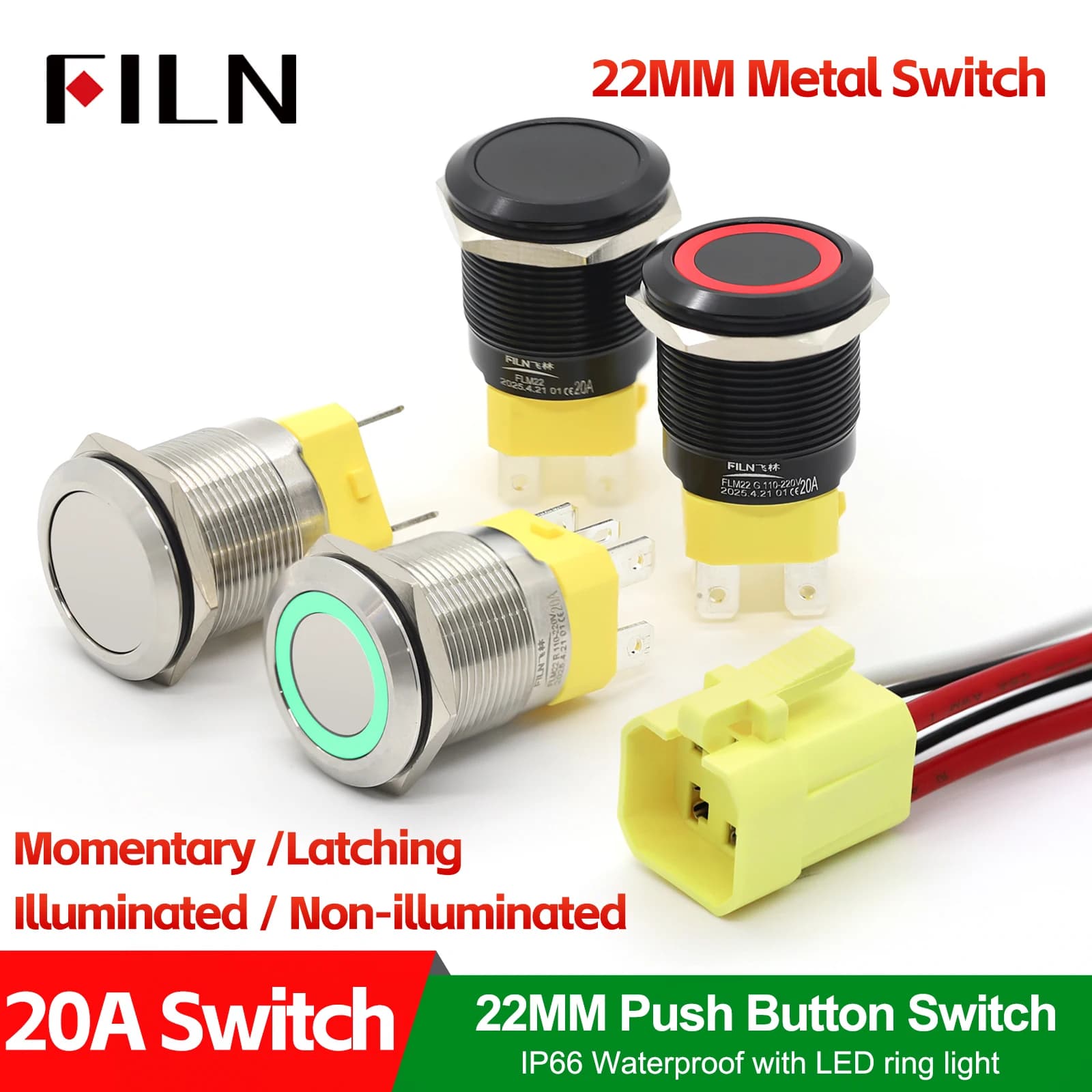 FILN 22mm 20A Metal Push Button Switch with Wire Harness Connector IP67 Waterproof LED Ring Light High Current Switch 12V 220V
