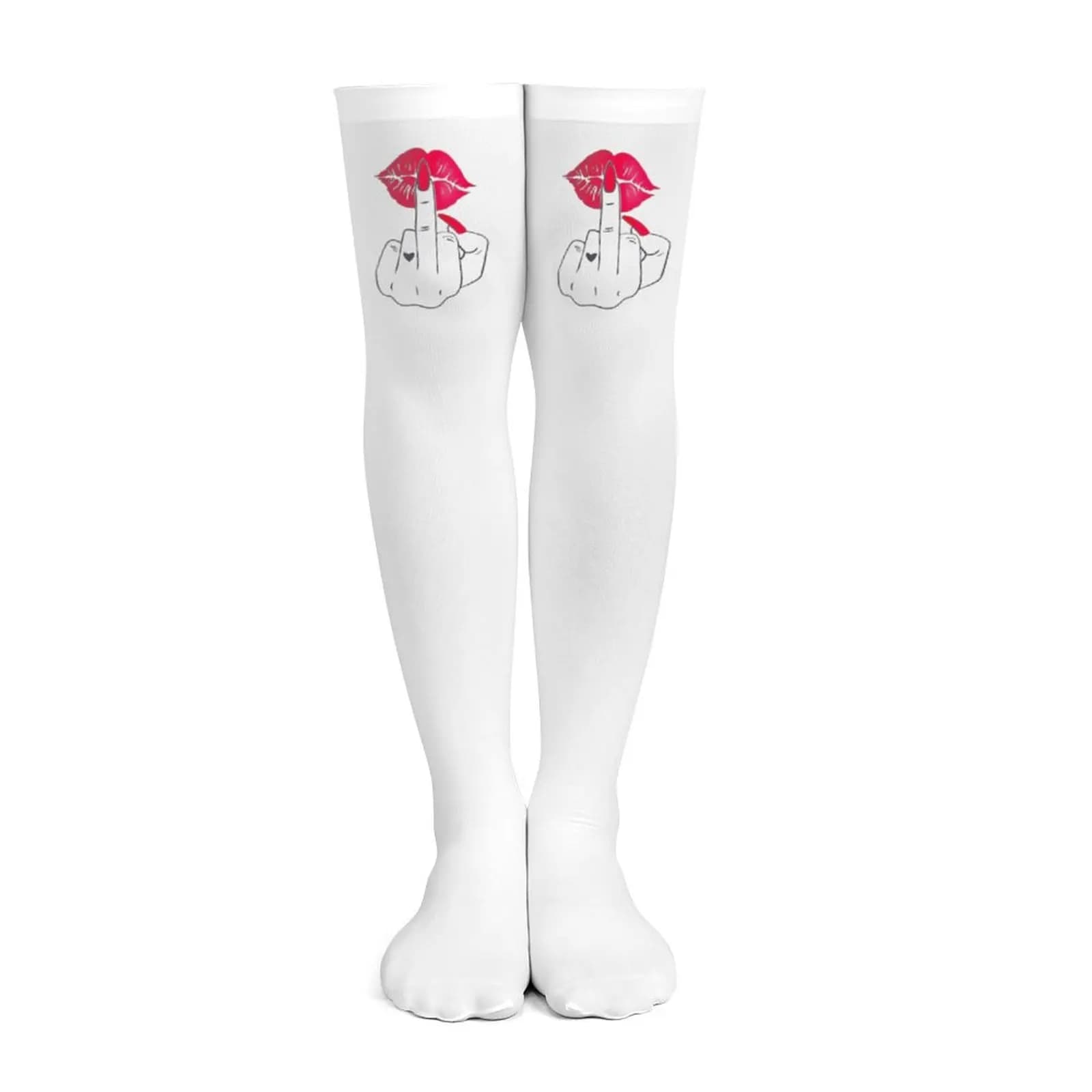 Calze da donna bianche con stampa labbra rosse sulle cosce, calze provocanti e innovative sopra il ginocchio, calze traspiranti per adulti