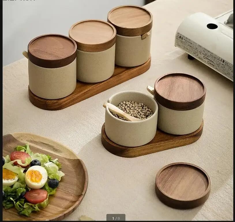 Ceramic Seasoning Jar Set Box Kitchen Spice Container Condiment Bottles Wooden Cover Sugar and Salt Shaker