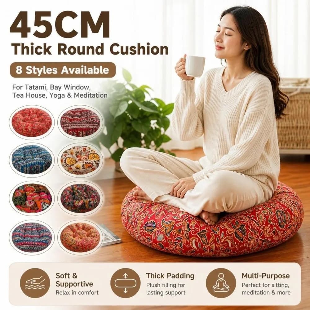 Thickened Bohemian Round Cushion 45cm Washable Round Floor Cushion Floor Pillow Ethnic Yoga Meditation Mat for Living Room