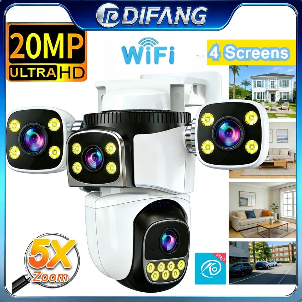 Telecamera di Sicurezza Esterna WiFi 360° 10K 20MP con 4 Schermi ° Sistema di Sorveglianza CCTV IP con 4 Lenti e Zoom 5X, Telecamera IP O-kam per Protezione e Sicurezza