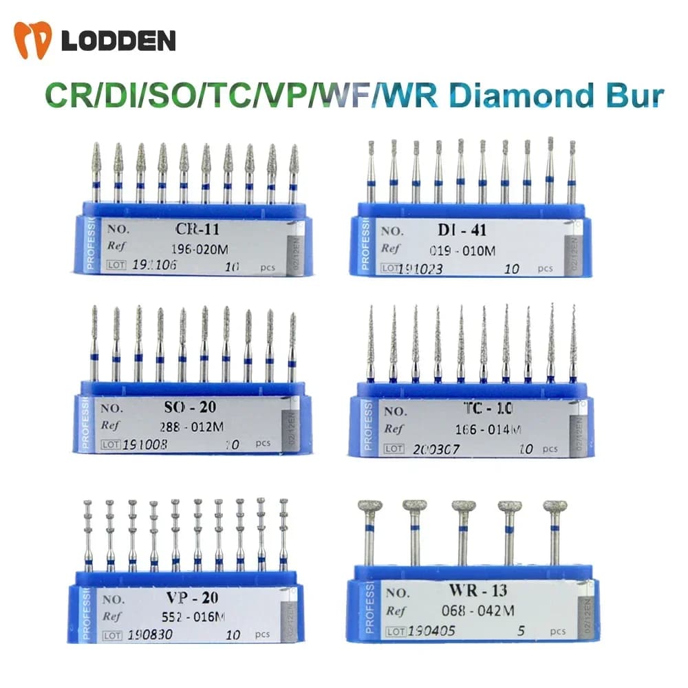 10 pz Frese Diamantate Dentali Serie CR/DI/SO/TC/VP/WF/WR o Manipolo Ad Alta Velocità Strumenti di Lucidatura per Laboratorio Dentale Dia.1.6mm