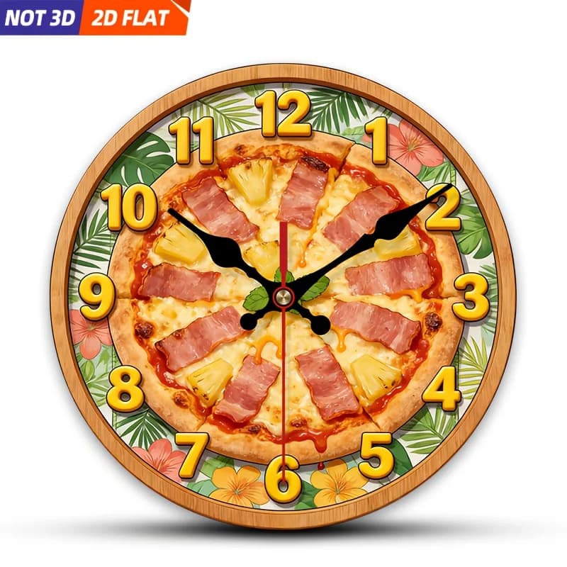 2D Piatto. 1 pezzo. Orologio da parete a tema pizza, orologio decorativo silenzioso, orologio da parete creativo, adatto per decorare camere da letto, soggiorno