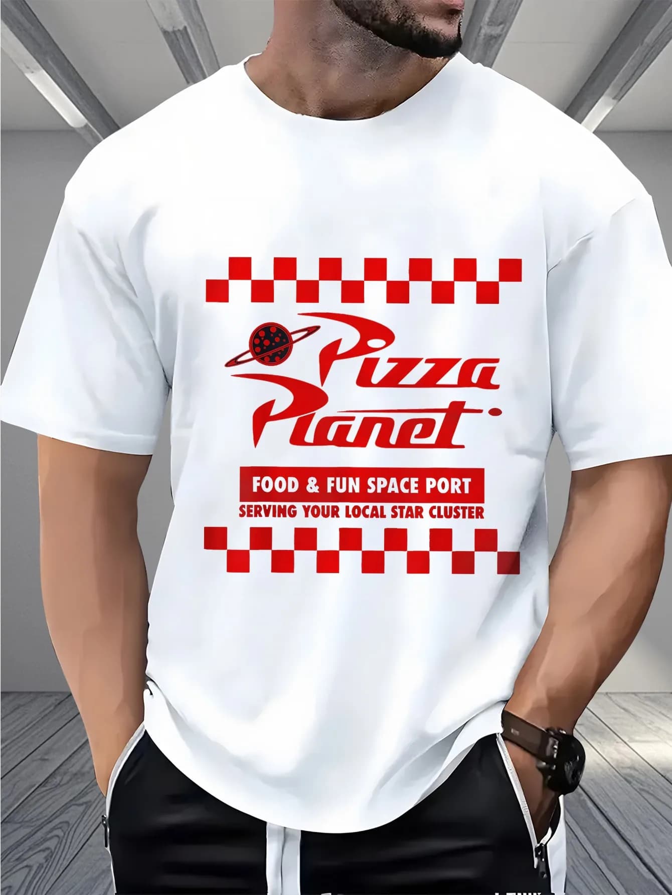 Men's T-shirt with design theme planet pizza | Pattern with red squares, with logo shaped like rocket pizza