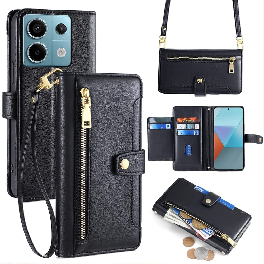 Custodia a tracolla per Xiaomi Redmi Note 13 13R Pro Plus 13C 5G Poco X6 M6 Pro Custodia a portafoglio con cerniera Flip con slot per schede con cordino