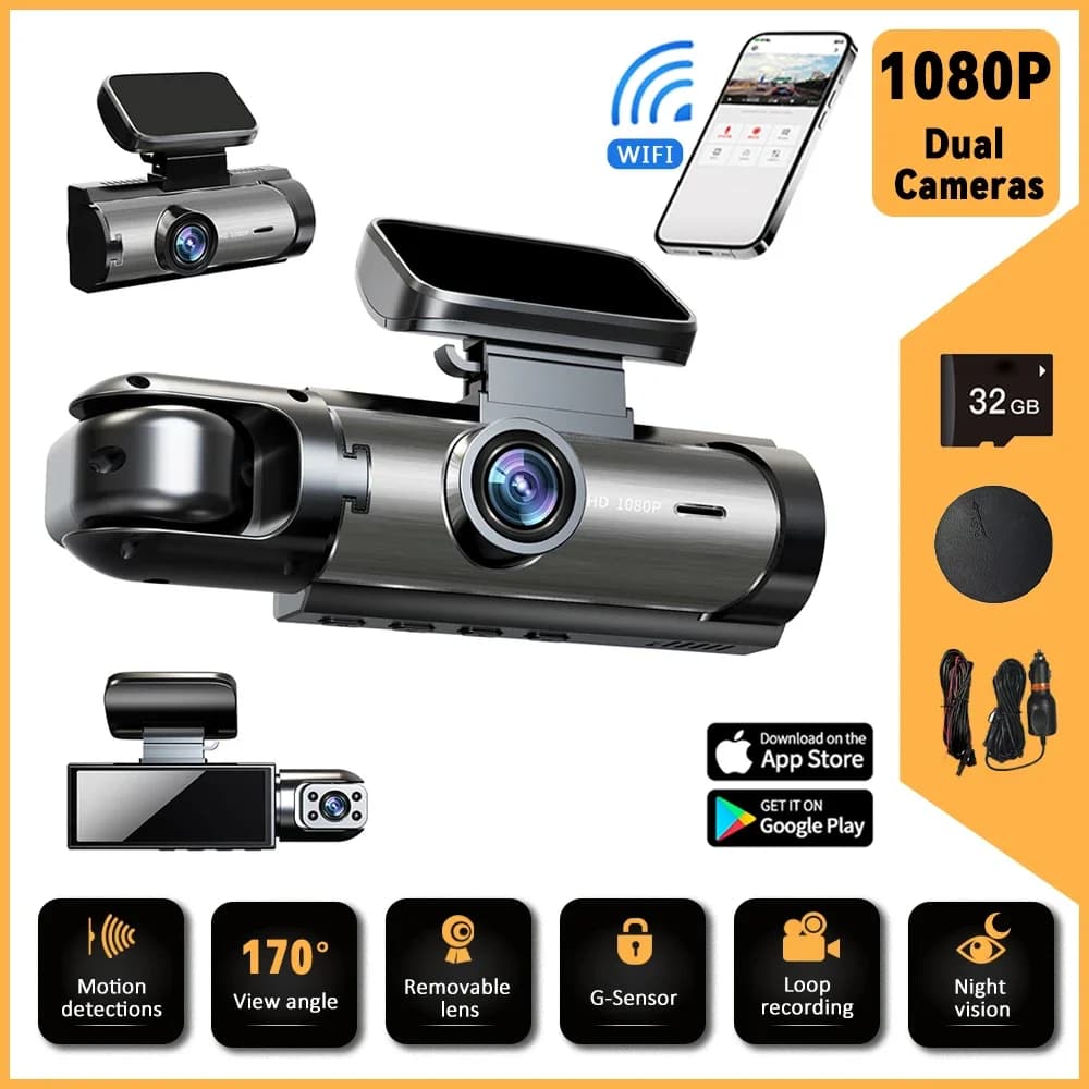 Double lens HD 1080P dashboard camera for cars, 24H night vision, loop recording, integrated Wi-Fi, car driving recorder, black box, dashboard cameras