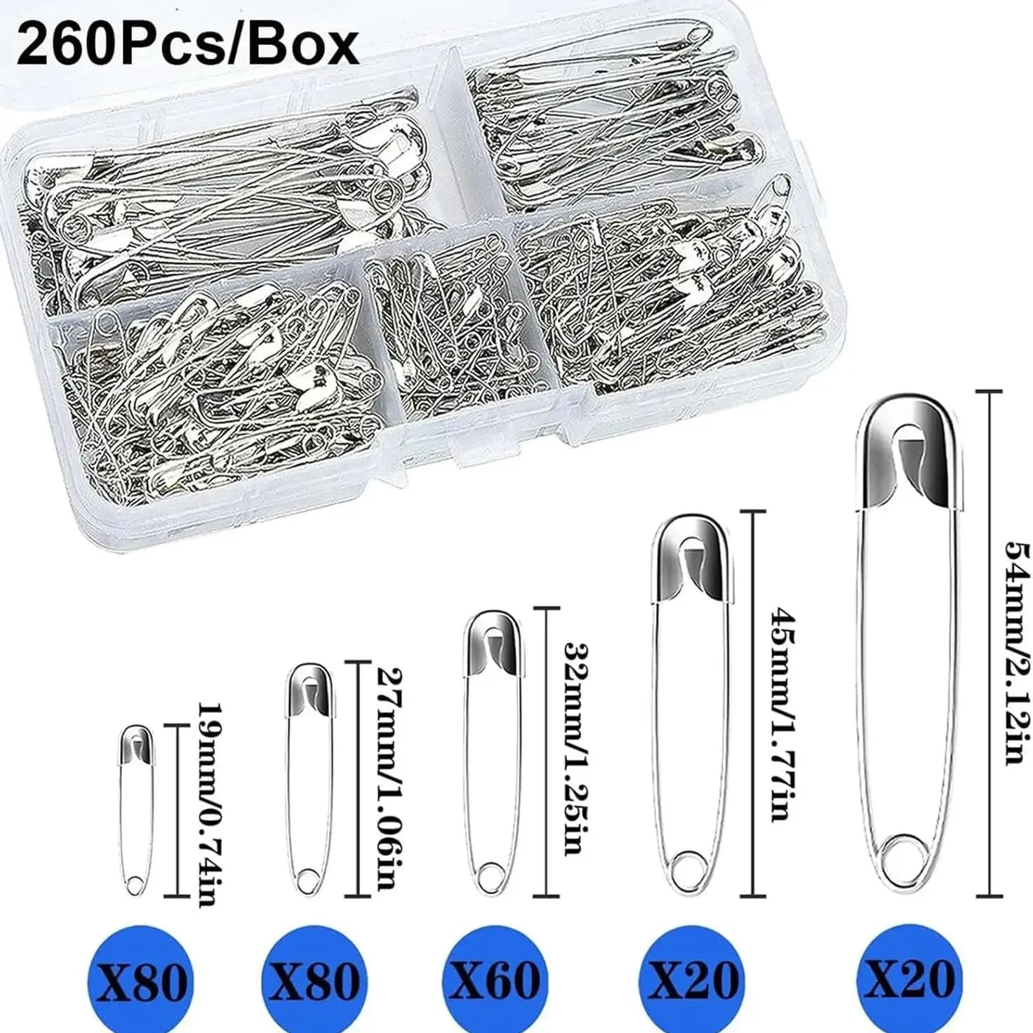 Kit di spille di sicurezza argentate con scatola portaoggetti per cucito, creazione di gioielli e accessori fai-da-te per artigianato.