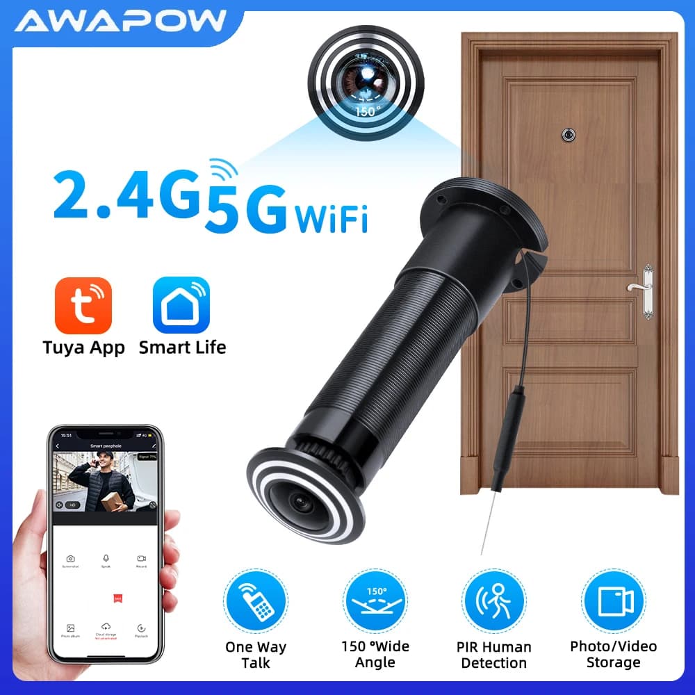 Awapow Tuya Spioncino per porta 2.4G/5G Wifi Mini telecamera 170 ° Citofono wireless con rilevamento del movimento PIR grandangolare Sicurezza domestica