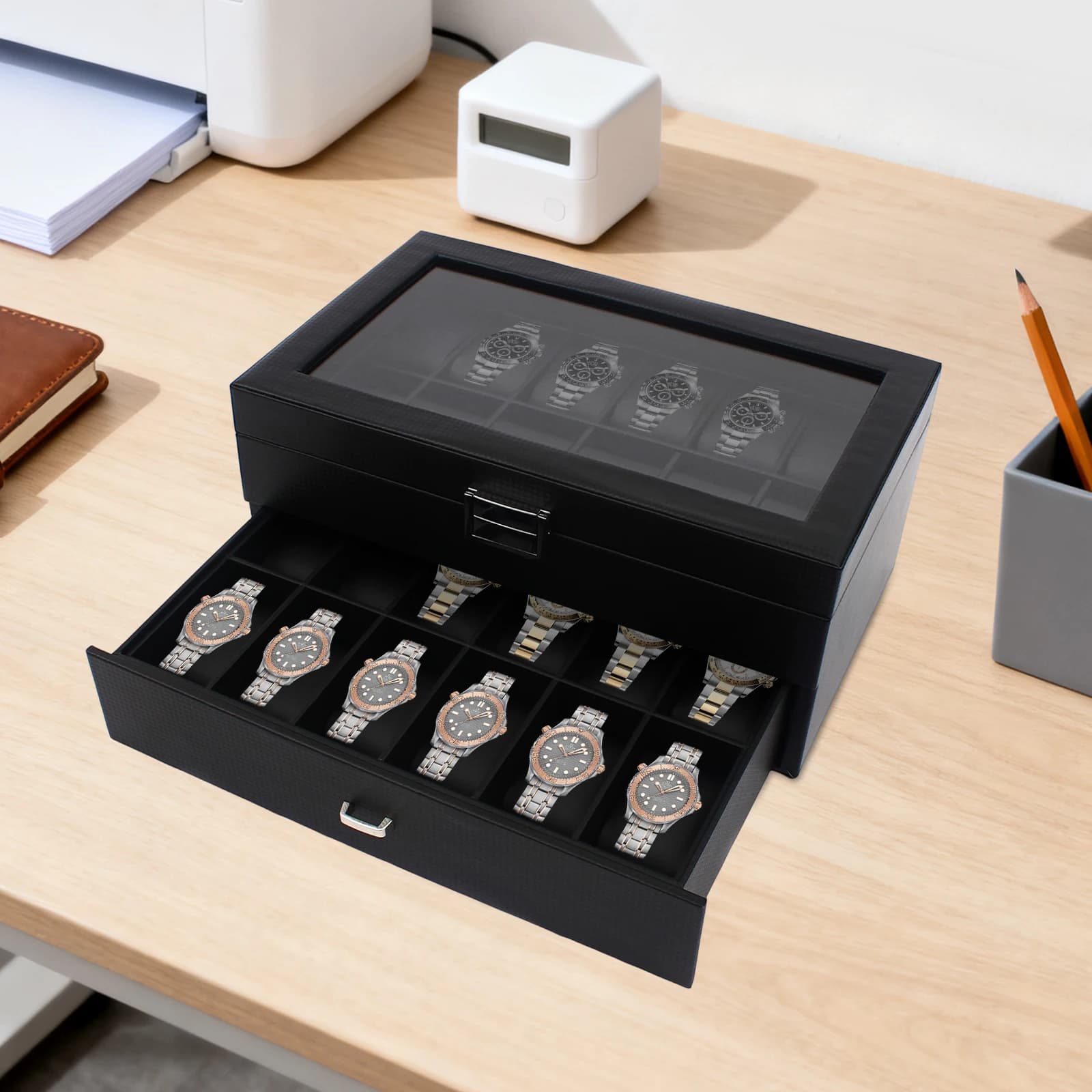 24 slot watch box display, double layer carbon fiber, wrist watch organizer, glass lid, jewelry door