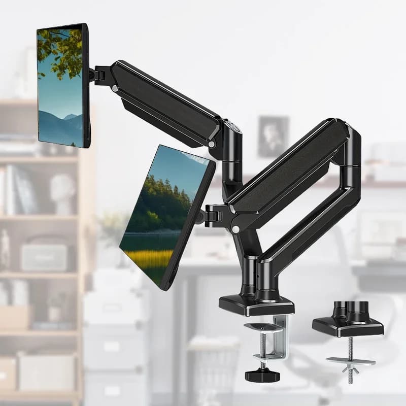Support for single/double monitor Screens up to 32 inches, up to 22 pounds per arm, adjustable double monitor support suitable for home office