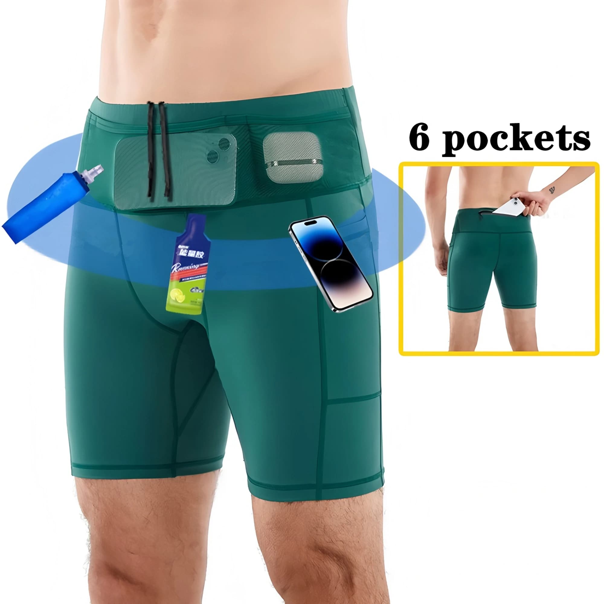 Pantaloncini da Uomo a Compressione con 6 Tasche, per Maratona, Corsa, Asciugatura Rapida, Allenamento, Jogging, Palestra, Ciclismo, Fitness