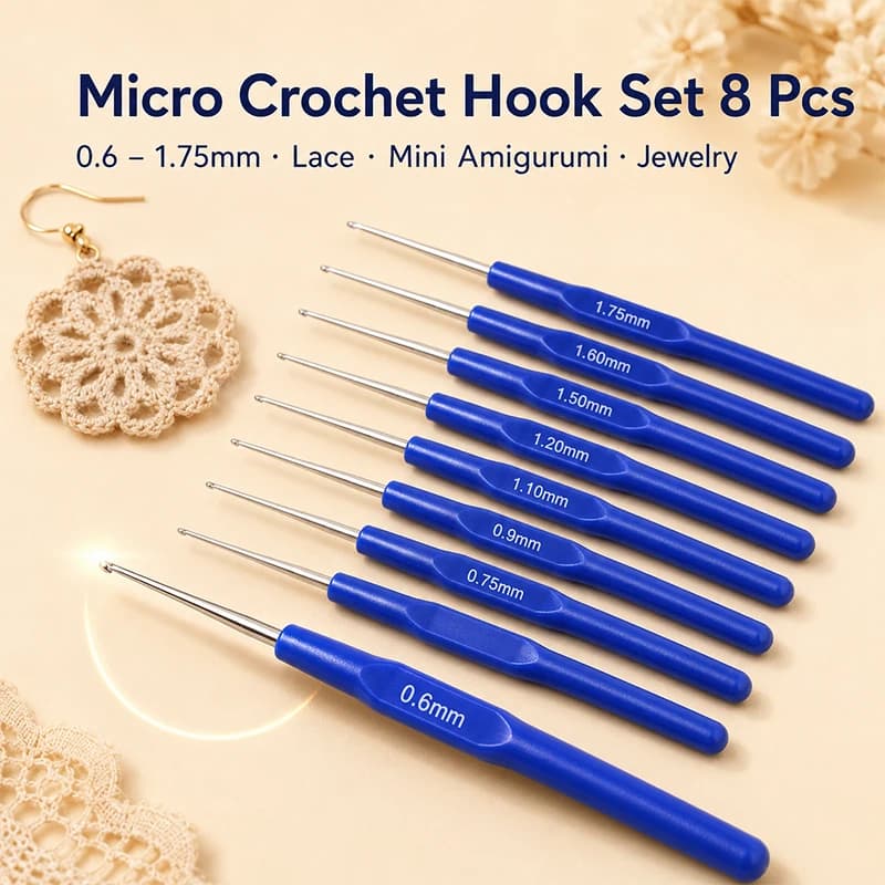 8pcs Mini Crochet Hook Set | 0.6mm–1.75mm, Non-Slip Blue Handles, Suitable for Lace Knitting, Mini Doll Crafts, and DIY Projects