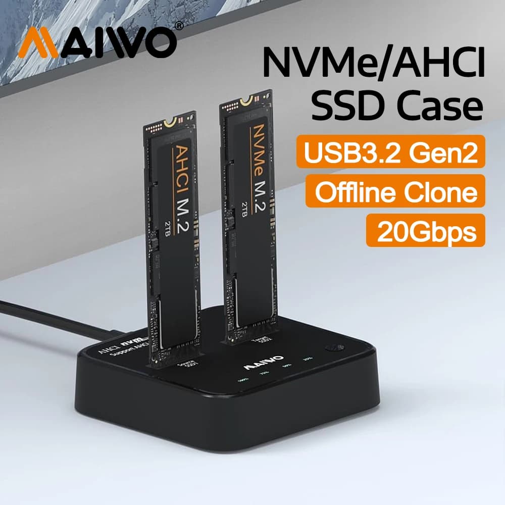 MAIWO Box Esterno per SSD M.2 NVMe/AHCI da 20 Gbps, Duplicatore Mobile USB 3.2 con Adattatore per SSD 2230/2242/2260/2280, Supporta Clonazione Offline