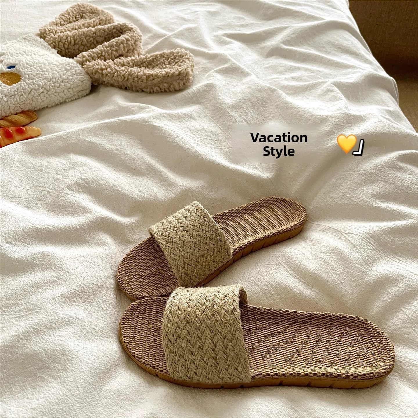 Pantofole da casa in lino antiscivolo in stile thailandese con tessitura in paglia, traspiranti, estive, da esterno e interno, per donna, con tacco spesso