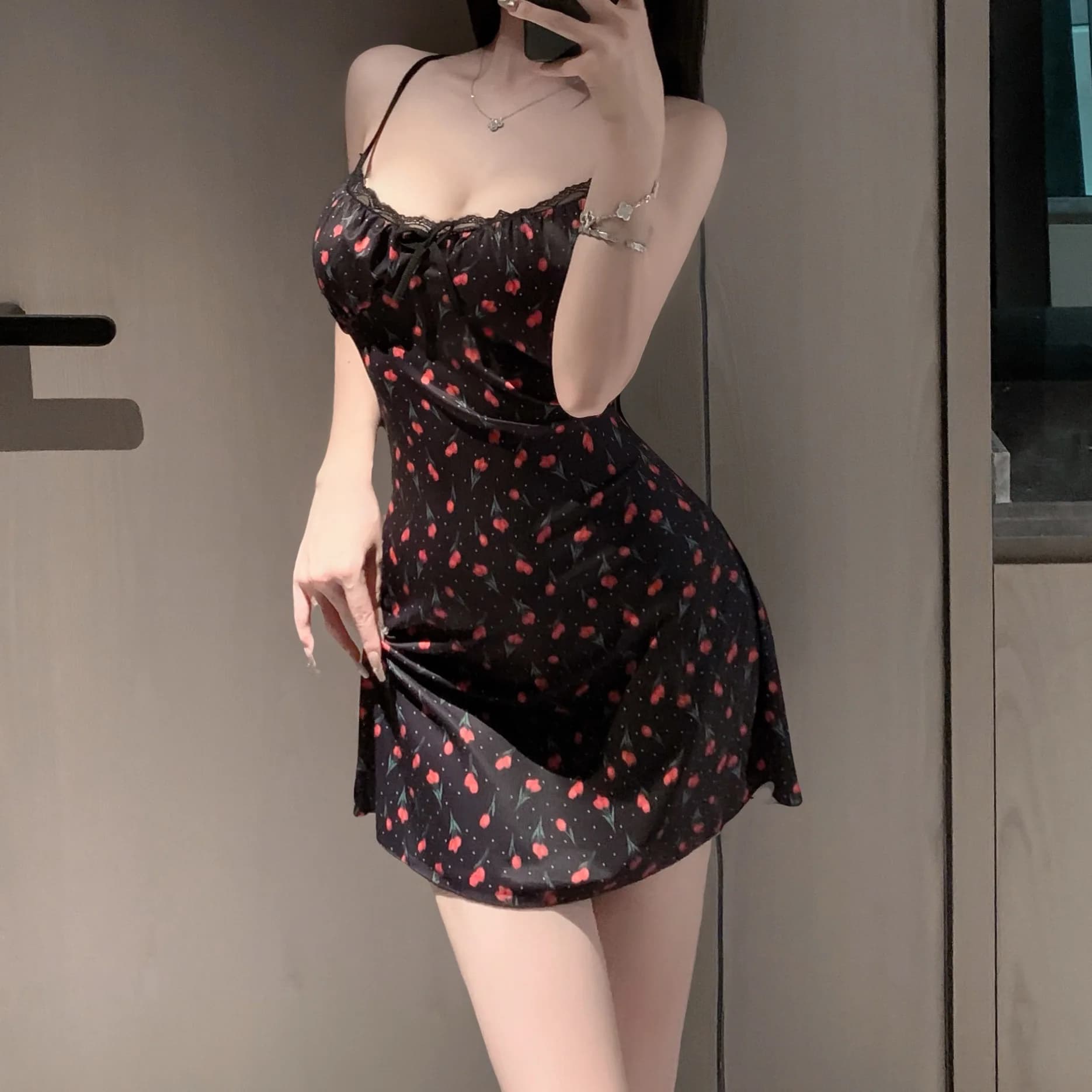 Strappy Floral Pajama Home Wear Fresh Simple Sweetcute Sleep Skirt with Close-fitting Design and Built-in Bra Short Sexy Dress