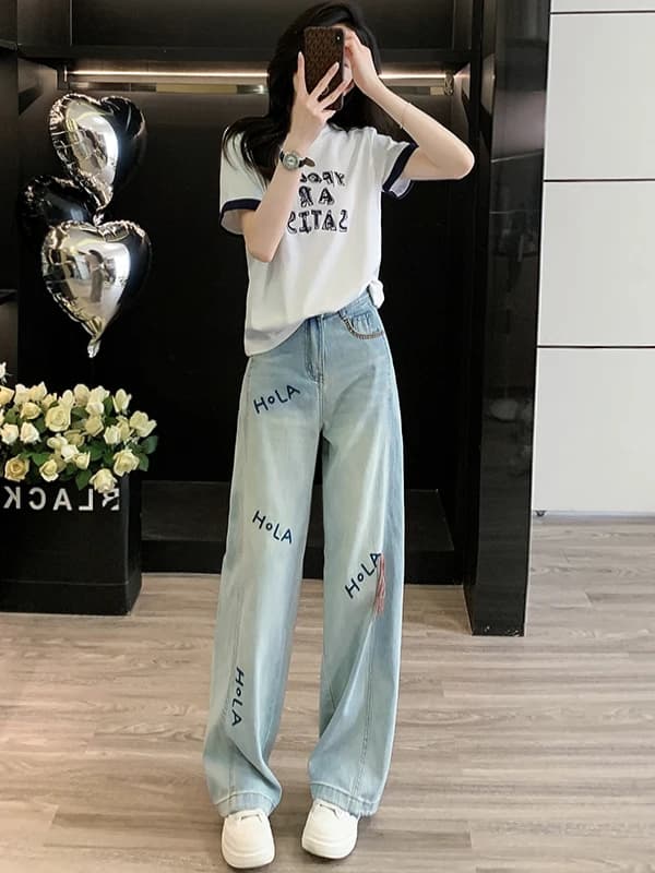 Summer Fashion Set Women's Short Sleeve T-Shirt Wide Leg Jeans Two-Piece Cotton round Neck Casual Sportswear Ensemble