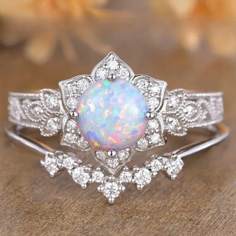 New Natural Opal Ring - Fashion Niche Silver Floral Design, Luxury Discreet, Versatile Pair Ring, Women's Jewelry