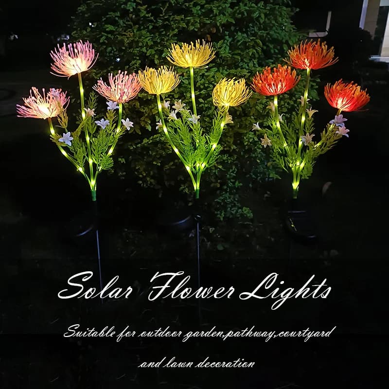 Solar 3 Heads Seashore Flower Lights Outdoor LED Lamp with Glowing Flowers & Stems for Pathway Deck Yard Garden Lawn Decoration