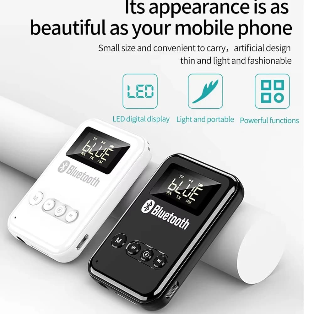 Bluetooth 5.0 LED Adapter for headphones and music speakers for cars, transmitter and wireless audio receiver, 300 MAh FM TF card