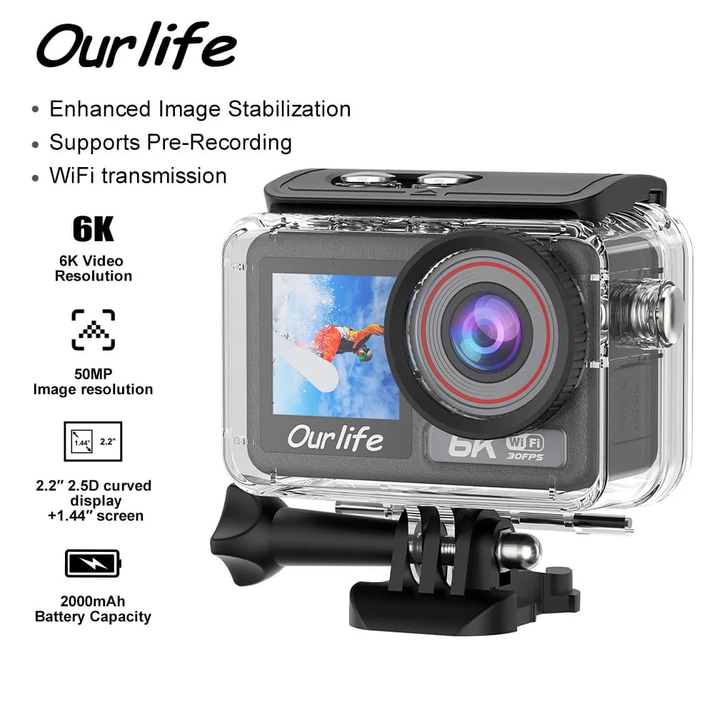 Ourlife Action Camera 6K30FPS con Schermo Touch da 2,2 Pollici e Angolo di Visione di 170° ° Videocamera Sportiva DVR Impermeabile 40M con Telecomando, Zoom 5X, Pre-registrazione e WiFi