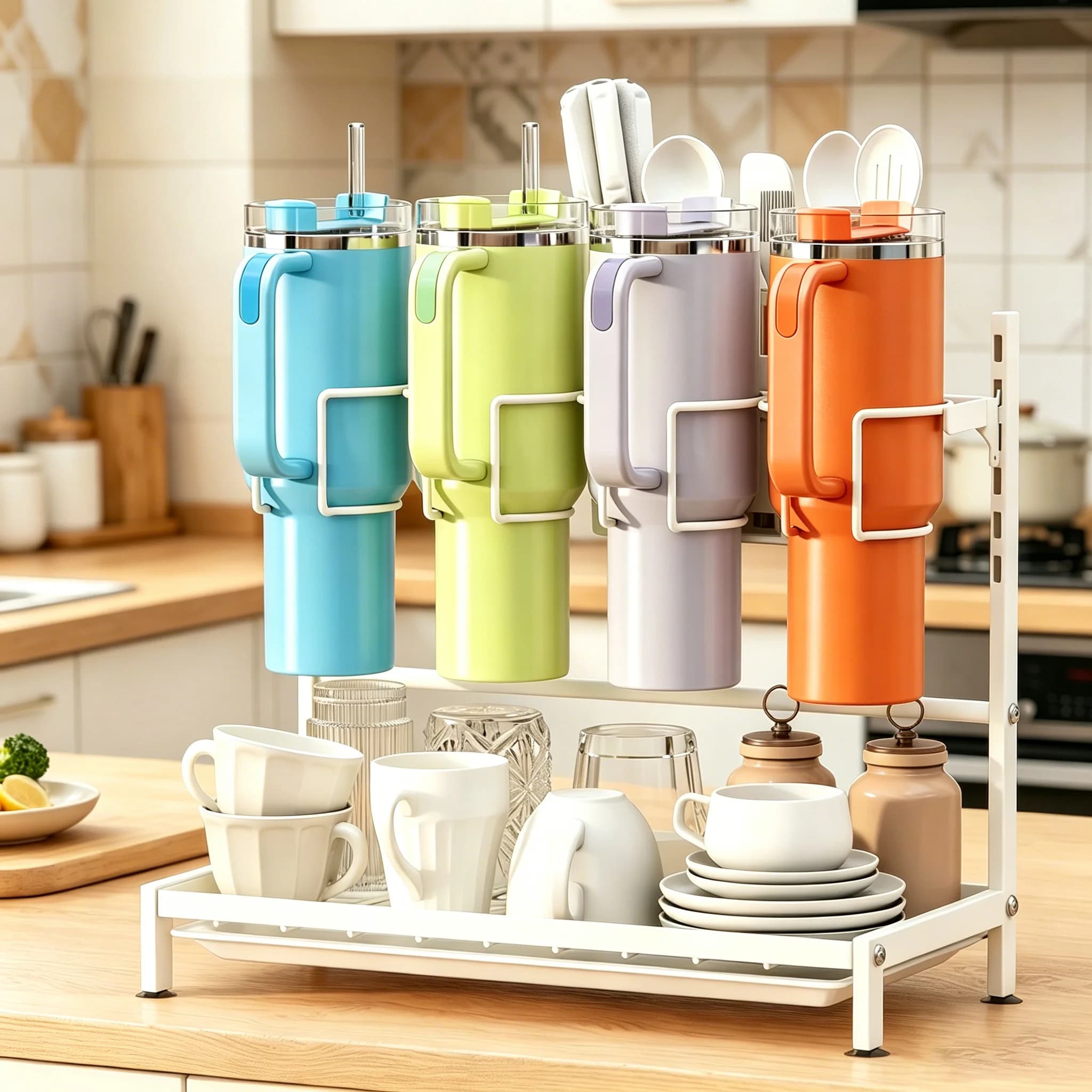 Organizzatore 2 in 1 per Bottiglie d'Acqua Stanley Cup 40oz con Supporto per Asciugatura, Portabicchieri Multifunzionale per Armadietto da Cucina
