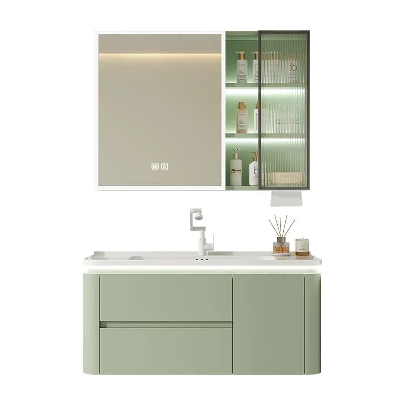 Combinazione di mobili da bagno in alluminio verde pastorale a nido d'ape con lavabo integrato in ceramica e armadietto a specchio scorrevole Feng Shui.
