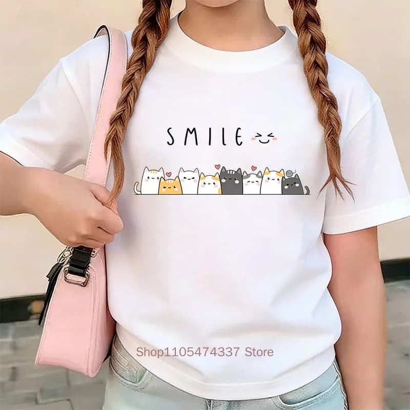 Children Smile Cats Print T-shirts for Girls Summer Casual Kawaii Colorful Tops Kids Comfortable Crew Neck Short Sleeve Tees