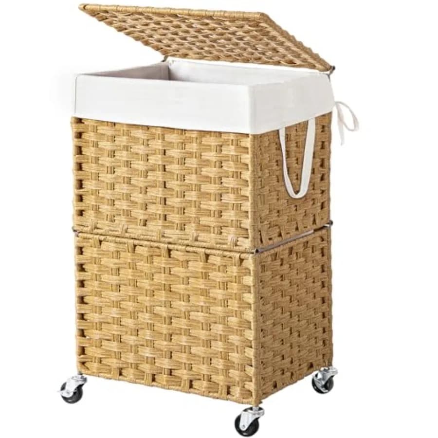 Cesto per Bucato Slim da 90L con Ruote, Cesto Portabiancheria con Coperchio e Fodera Rimovibile, Organizer in Rattan Intrecciato a Mano