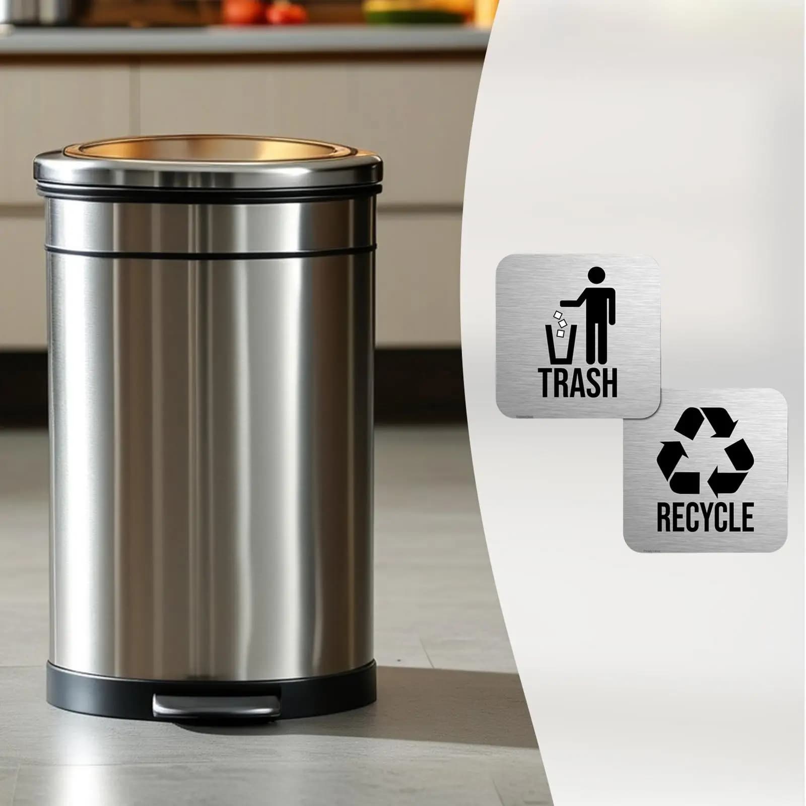 Home Office Stainless Steel Recycle and Trash Signs Sticky Waste Sorting Label for Kitchen Bin