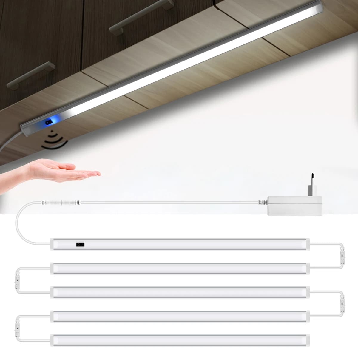 Luci LED da cucina USB sotto la lampada dell'unità dell'armadio Interruttore del sensore dell'onda manuale senza contatto per scaffali dell'armadio Banco da lavoro Armadio Scrivania