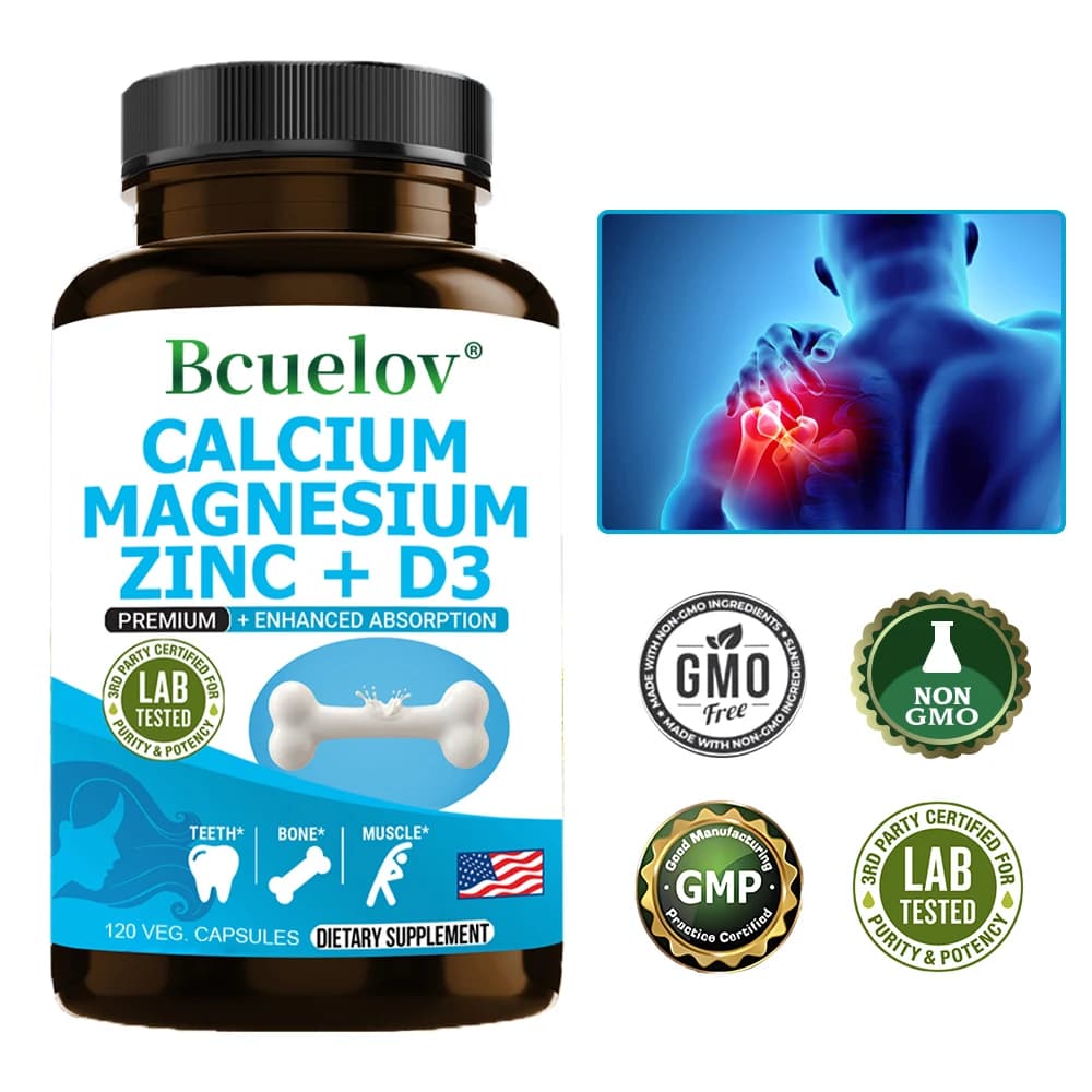Calcium supplement magnesium zinc vitamin D3-supports bones, teeth, muscles, nerves, protein synthesis, 120 capsules