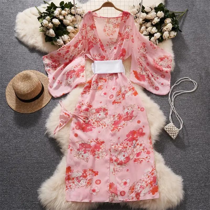 Transparent Pink Japan Sakura Print Kimono Sheer Petalo Sleeve Dress Sexy Woman Bathrobe Sweet Casual Irregular Long Shirt New
