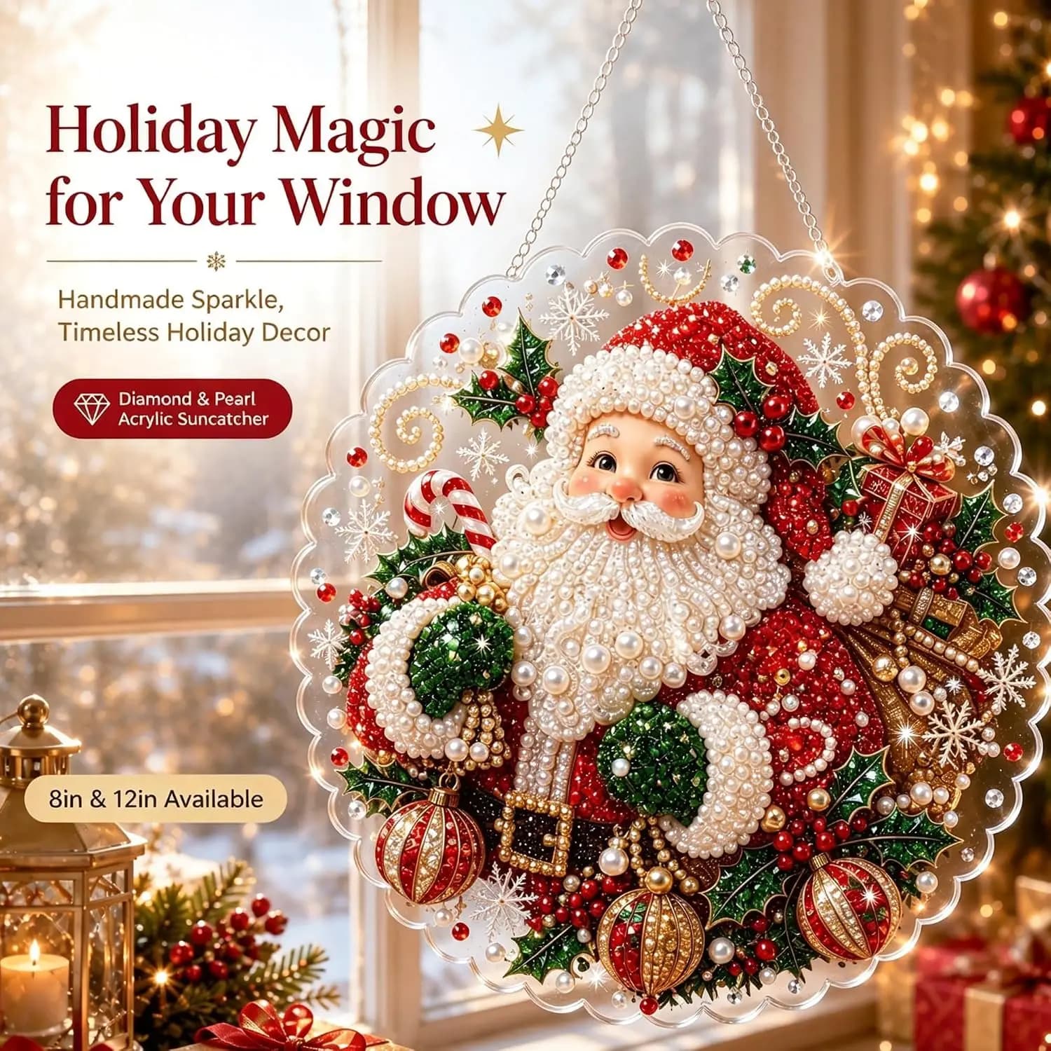 Christmas Pearl Diamond Painting Suncatcher Kit DIY Craft Pre-Assembled Metal Chain Acrylic Round Board with Lace for Wall Decor