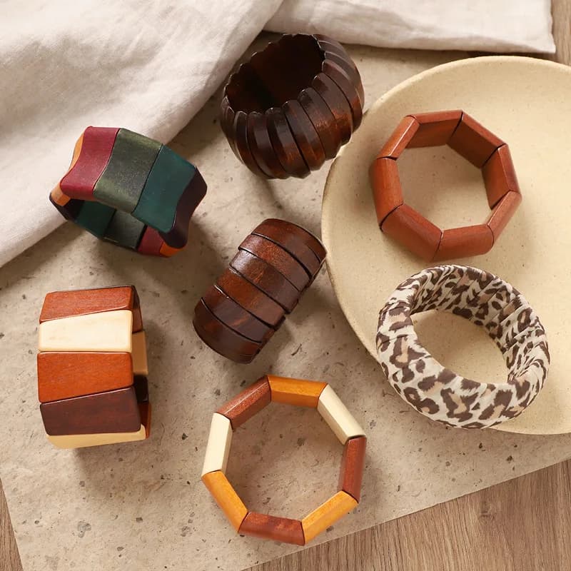 Retro Wooden Stretch Wide Style Bracelet Bohemian Ethnic Style Niche Exaggerated Artistic Vacation Style Bracelet for Women