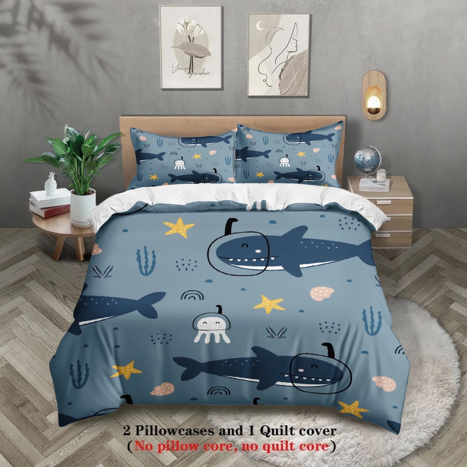 3pcs Ocean Animal Bedding Sets 3D Printed Whale Fish Coral Duvet Cover Sets With Pillowcases No Filling