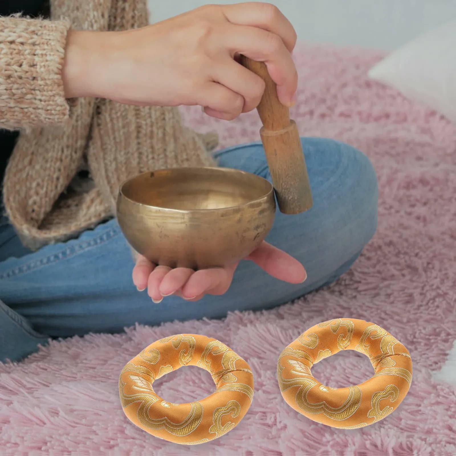 2 Cuscini Spessi e Morbidi per Campane Tibetane, Tappetini Antiscivolo per Campane Sonore Buddiste, Base in Tessuto Premium per Meditazione Zen e Pratica Yoga