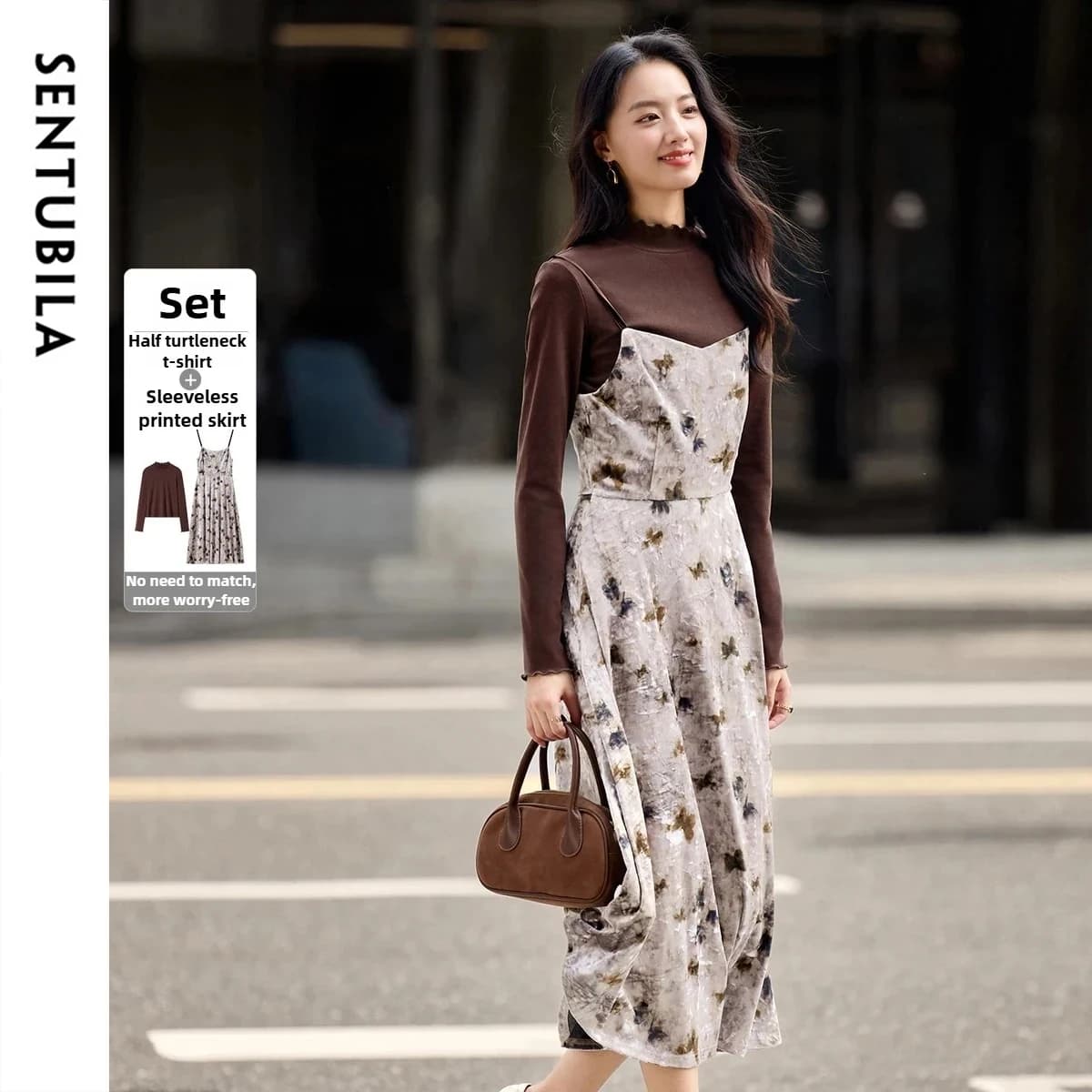 SENTUBILA Elegant 2 Piece Set for Women 2026 Autumn Long Sleeve Knitted T-Shirt Printed Midi Dress Suit Commute Chic 154ZB3447