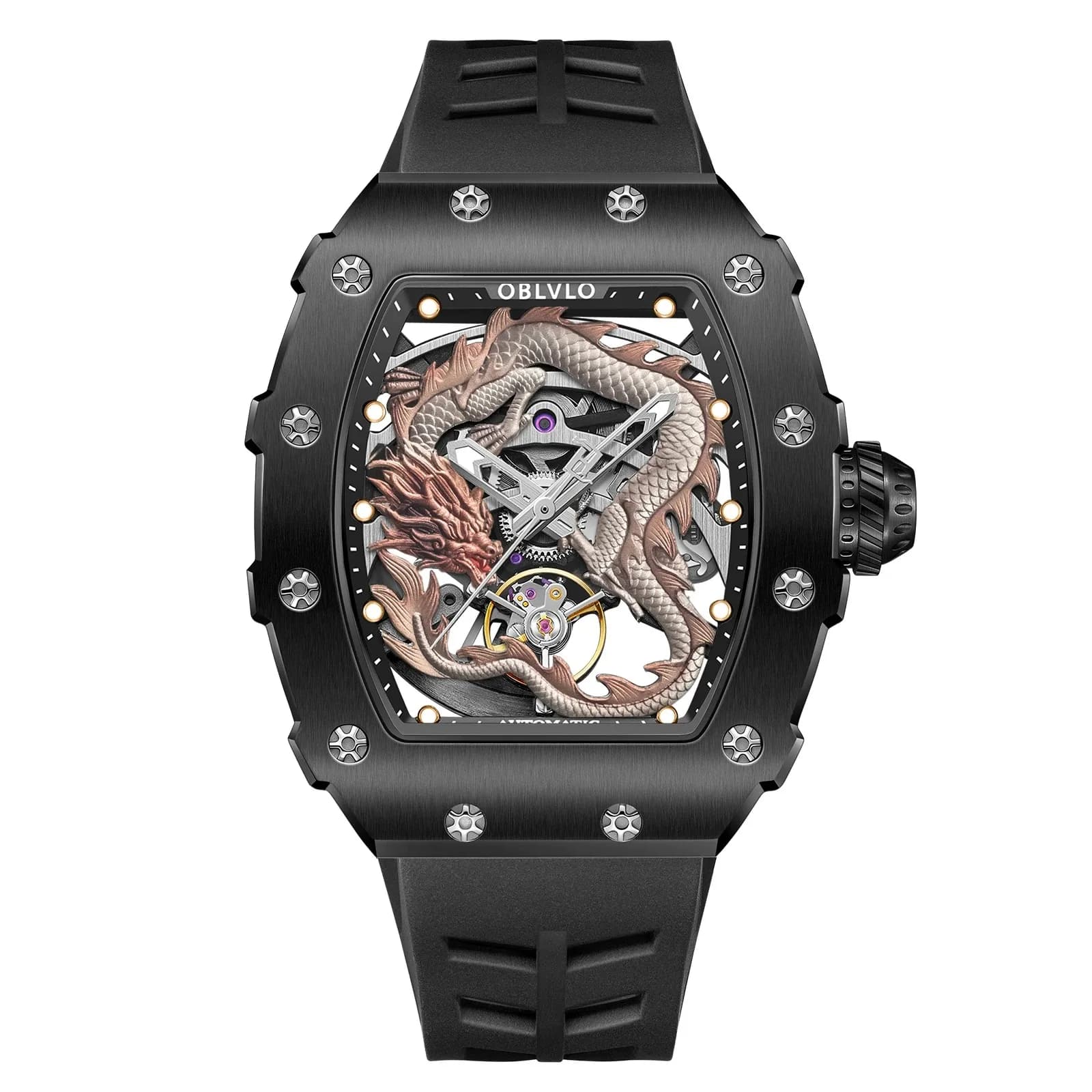 OBLVLO Orologio Automatico da Uomo 46mm Tonneau Meccanico da Polso Luminoso Impermeabile 50M Vetro Zaffiro Quadrante Scheletrato Drago