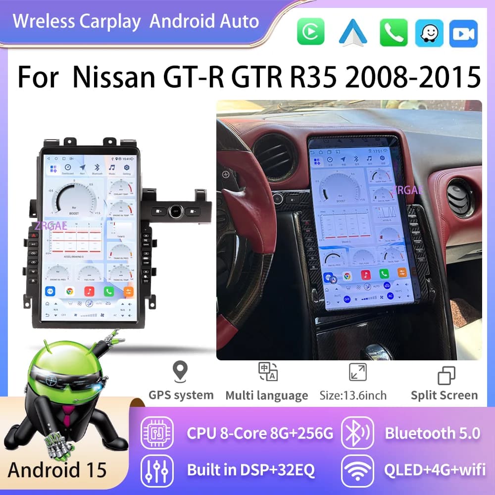 13.6 ''Android 15 Carplay Autoradio Per Nissan GT-R GTR R35 2008-2015 Lettore Multimediale Stereo Aggiornamento Tesla Stile di Navigazione BT