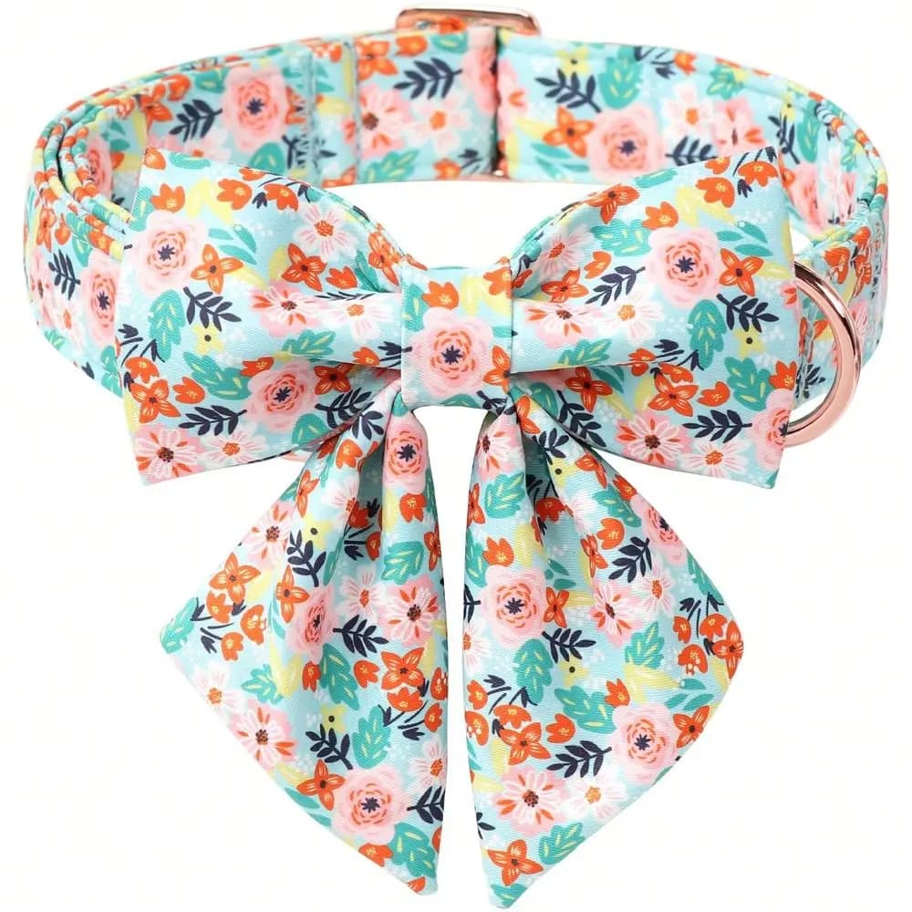 Pet Floral Dog Collar With Bow Tie Adjustable Blue Flower Lady Bow Collar Breathable Comfort SpringSummer Dog Collars For Small