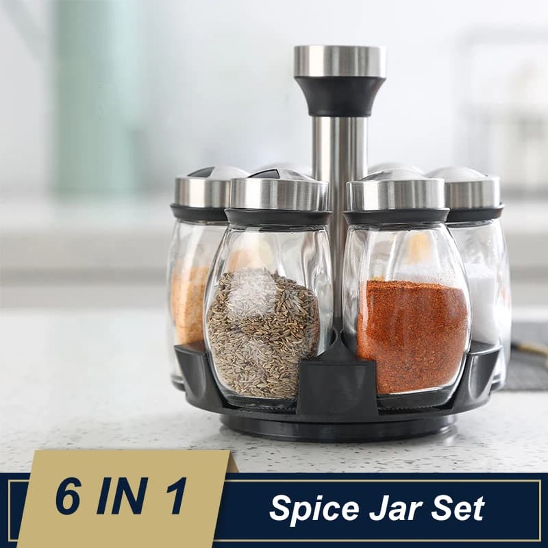 Set of 6 in 1 glass spice jars, glass rotary rack for dressings, sugar bottles and pepper, salter organizers, kitchen holders