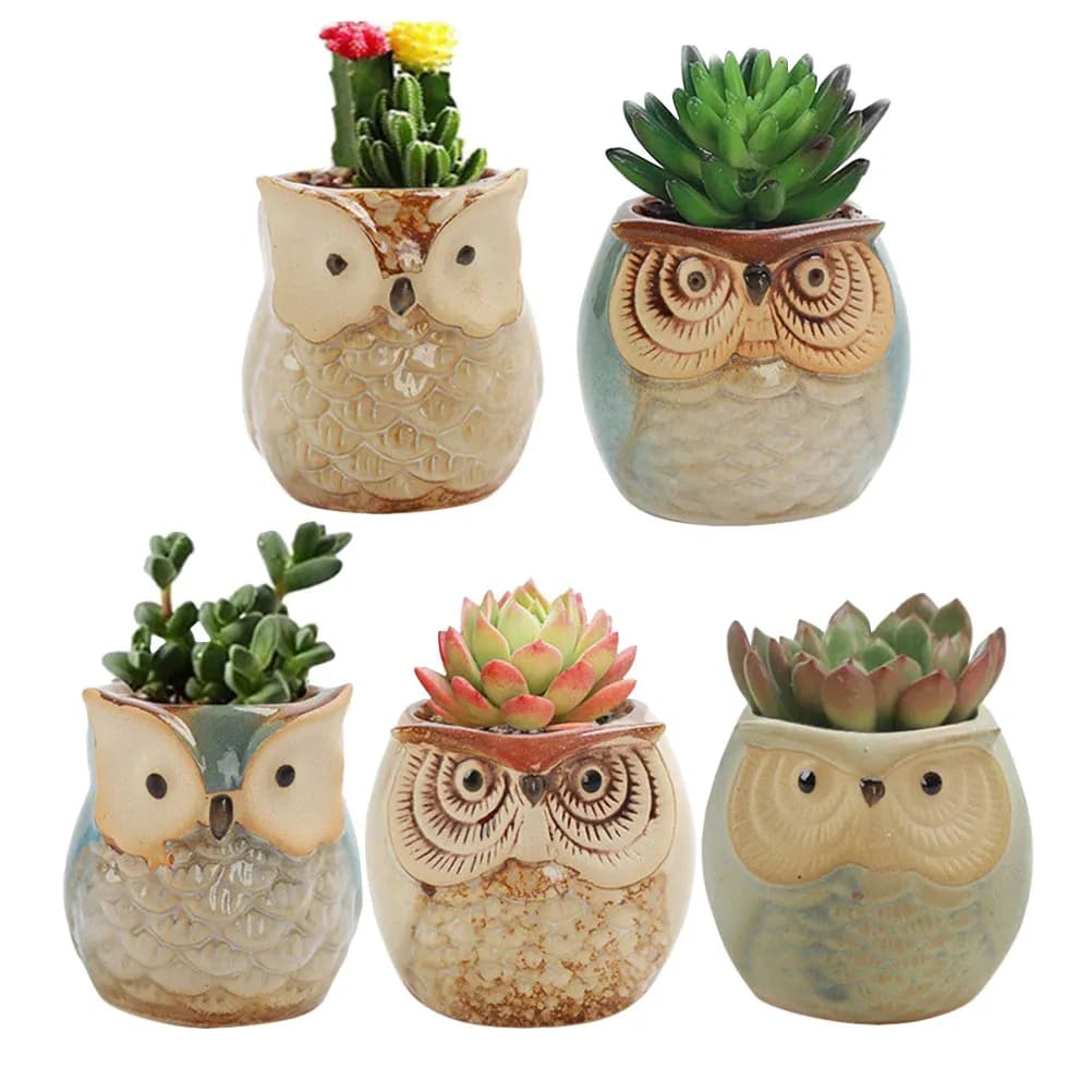 5Pcs Owl Design Ceramic Flower Pot for Gardening Seeding Cutting Nursery Use Drainage Hole Balcony Patio Home Decor Gift