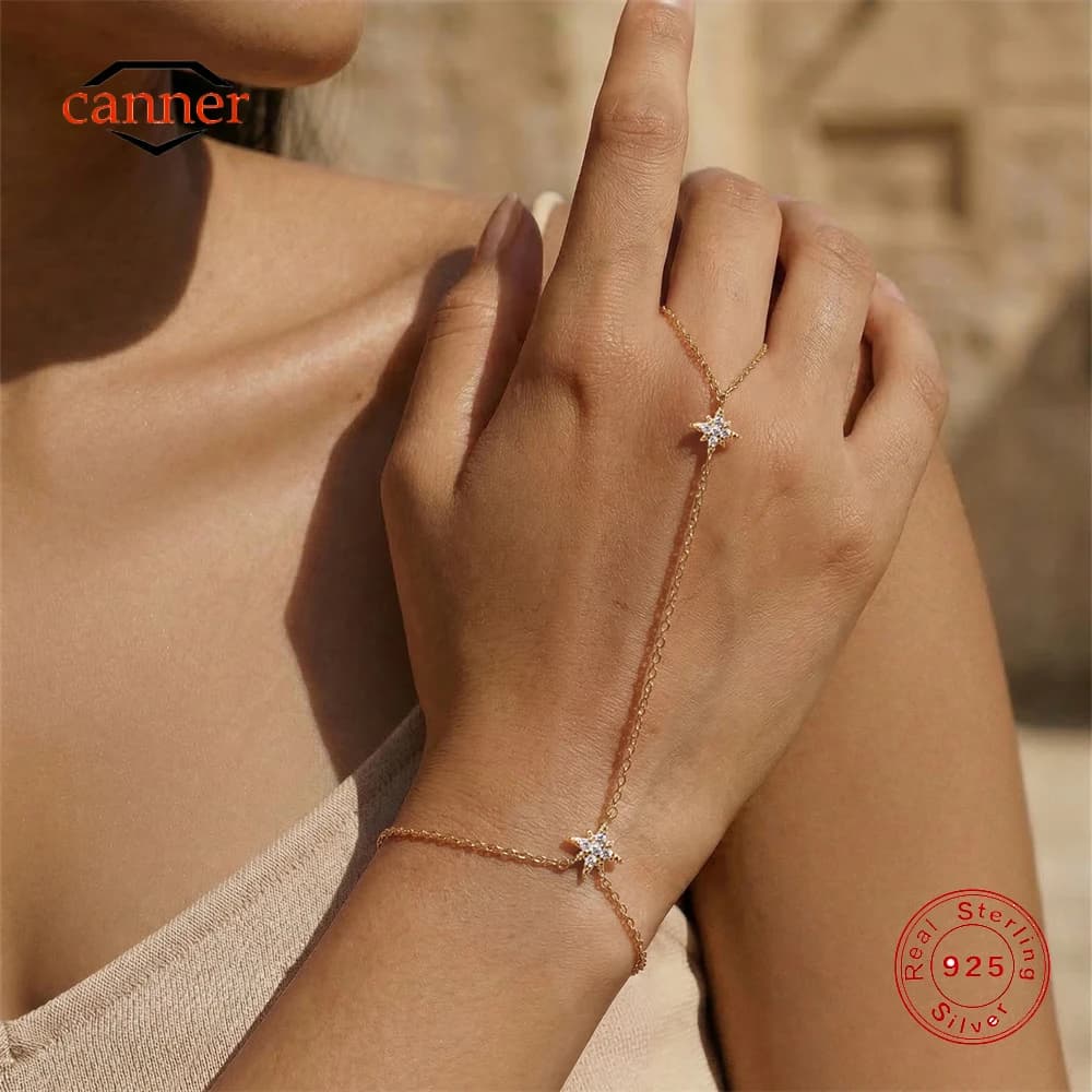 Bracciale a catena con anello a stella a otto punte in argento sterling 925 con zirconi per donna, bracciale a catena da mano INS, gioielli raffinati.