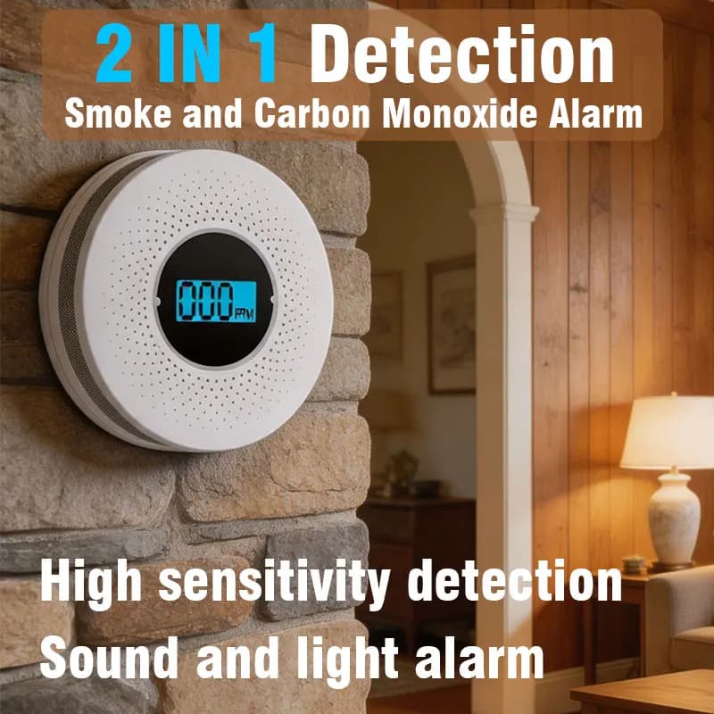 2-in-1 Smoke and Carbon Monoxide Detector, with LED Display, Carbon Monoxide Alarm Function, Battery-Powered, Suitable for Use I