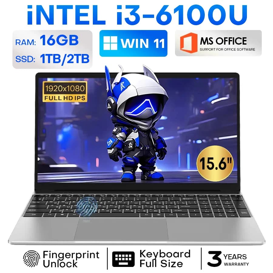 15.6-inch Xiaman Laptop with Intel Core i3 6100U processor, IPS screen, digital footprint unlocking, 16GB RAM, 512GB/1TB SSD, Windows 11 Pro operating system.