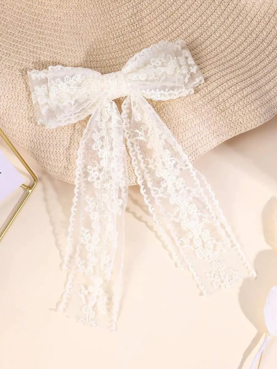 White Lace Bow Hair Clip For Women, Floral Design Alligator Hair Accessory For Wedding Daily Use